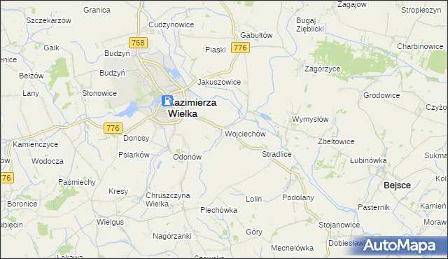 mapa Wojciechów gmina Kazimierza Wielka, Wojciechów gmina Kazimierza Wielka na mapie Targeo