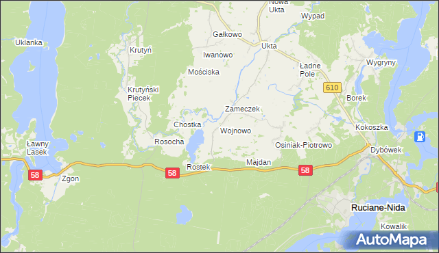 mapa Wojnowo gmina Ruciane-Nida, Wojnowo gmina Ruciane-Nida na mapie Targeo