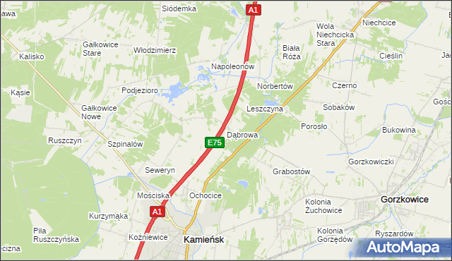mapa Dąbrowa gmina Kamieńsk, Dąbrowa gmina Kamieńsk na mapie Targeo