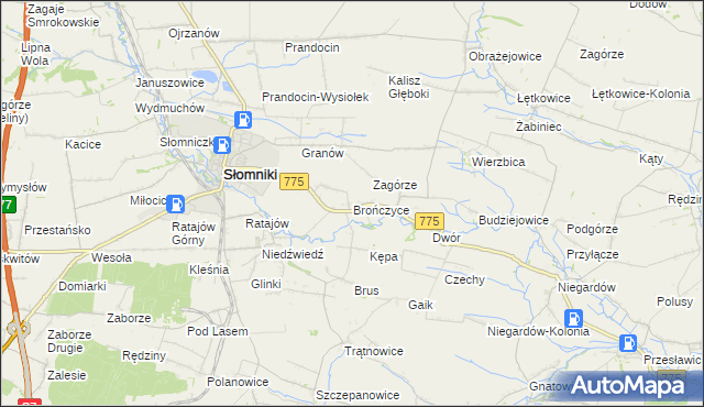 mapa Brończyce gmina Słomniki, Brończyce gmina Słomniki na mapie Targeo