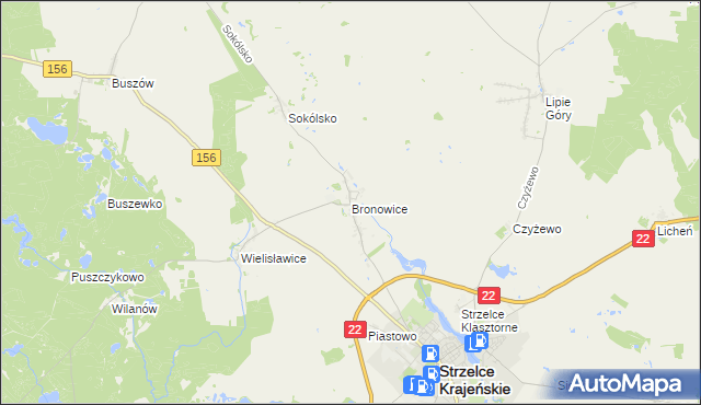 mapa Bronowice gmina Strzelce Krajeńskie, Bronowice gmina Strzelce Krajeńskie na mapie Targeo