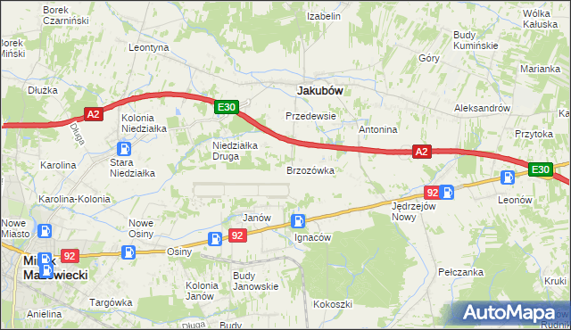 mapa Brzozówka gmina Jakubów, Brzozówka gmina Jakubów na mapie Targeo
