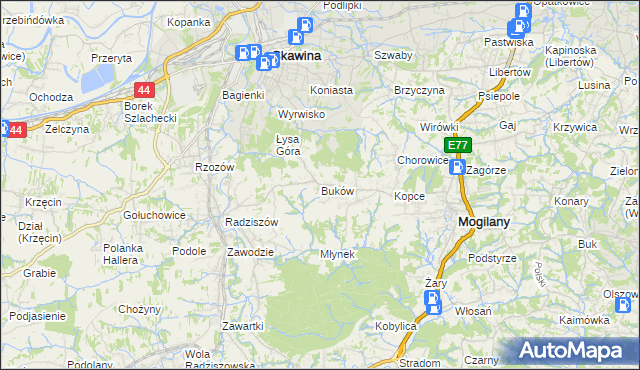 mapa Buków gmina Mogilany, Buków gmina Mogilany na mapie Targeo