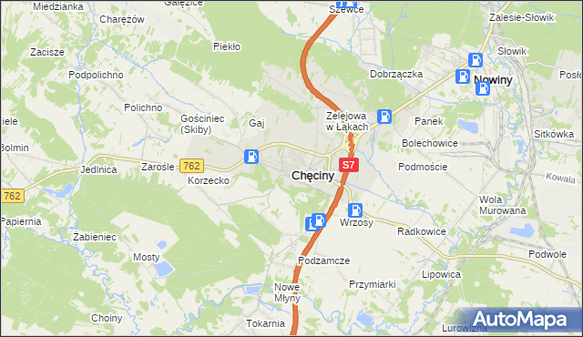 mapa Chęciny powiat kielecki, Chęciny powiat kielecki na mapie Targeo