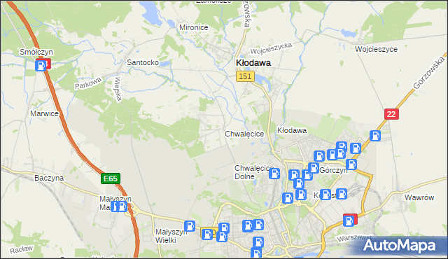 mapa Chwalęcice gmina Kłodawa, Chwalęcice gmina Kłodawa na mapie Targeo