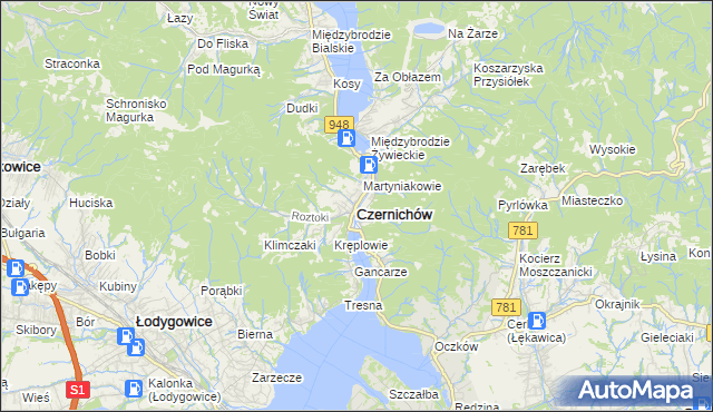 mapa Czernichów powiat żywiecki, Czernichów powiat żywiecki na mapie Targeo