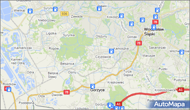 mapa Czyżowice gmina Gorzyce, Czyżowice gmina Gorzyce na mapie Targeo