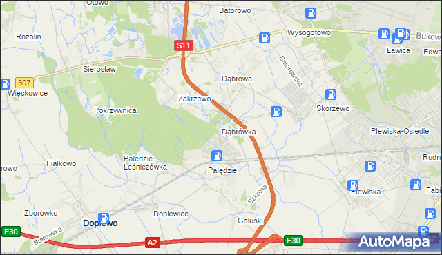 mapa Dąbrówka gmina Dopiewo, Dąbrówka gmina Dopiewo na mapie Targeo