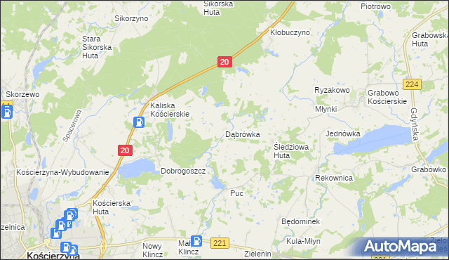 mapa Dąbrówka gmina Kościerzyna, Dąbrówka gmina Kościerzyna na mapie Targeo