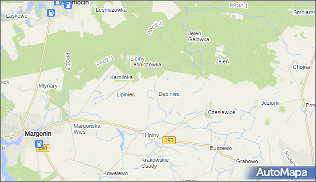 mapa Dębiniec gmina Margonin, Dębiniec gmina Margonin na mapie Targeo