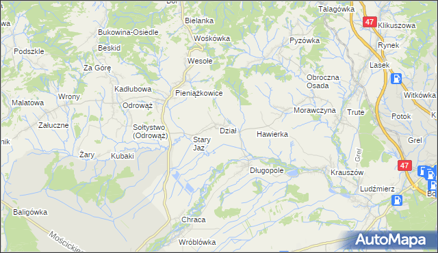 mapa Dział gmina Czarny Dunajec, Dział gmina Czarny Dunajec na mapie Targeo