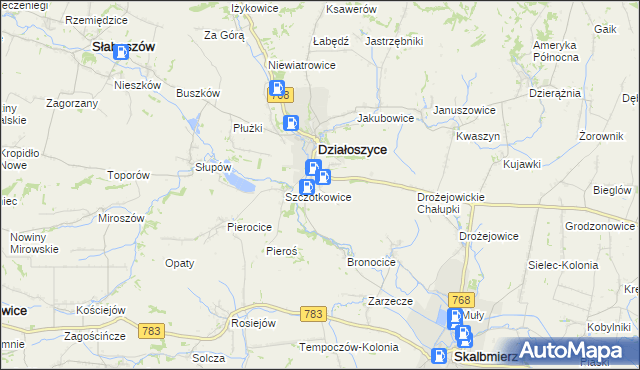 mapa Dziekanowice gmina Działoszyce, Dziekanowice gmina Działoszyce na mapie Targeo