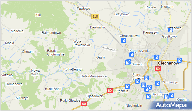 mapa Gąski gmina Ciechanów, Gąski gmina Ciechanów na mapie Targeo