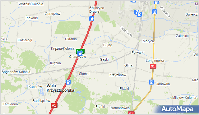 mapa Gąski gmina Wola Krzysztoporska, Gąski gmina Wola Krzysztoporska na mapie Targeo