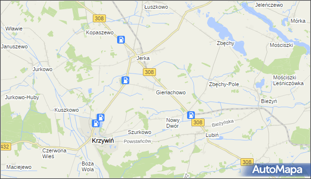 mapa Gierłachowo gmina Krzywiń, Gierłachowo gmina Krzywiń na mapie Targeo