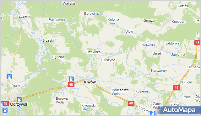 mapa Głuszyna gmina Klwów, Głuszyna gmina Klwów na mapie Targeo