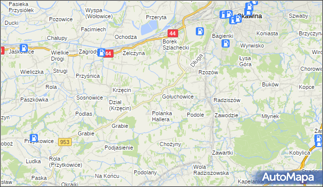 mapa Gołuchowice gmina Skawina, Gołuchowice gmina Skawina na mapie Targeo