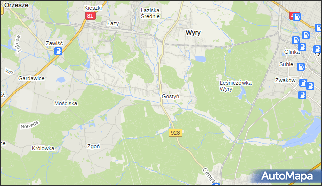 mapa Gostyń gmina Wyry, Gostyń gmina Wyry na mapie Targeo