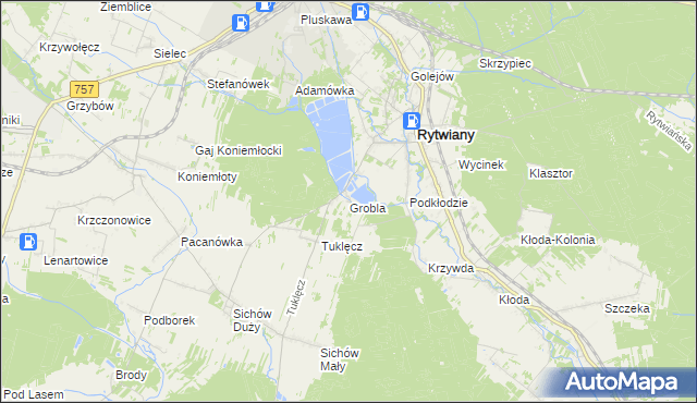mapa Grobla gmina Rytwiany, Grobla gmina Rytwiany na mapie Targeo
