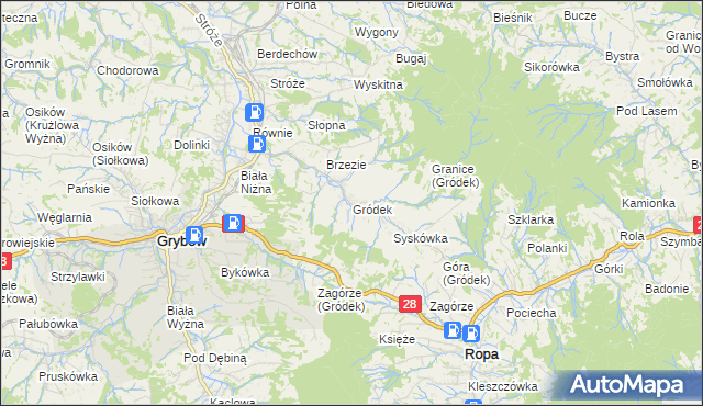 mapa Gródek gmina Grybów, Gródek gmina Grybów na mapie Targeo