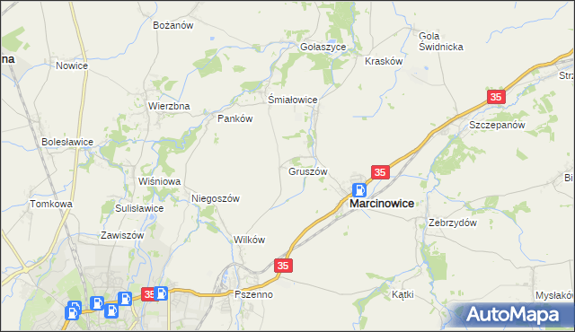 mapa Gruszów gmina Marcinowice, Gruszów gmina Marcinowice na mapie Targeo