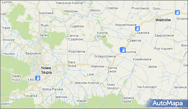 mapa Grzegorzowice gmina Waśniów, Grzegorzowice gmina Waśniów na mapie Targeo