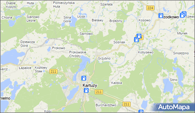mapa Grzybno gmina Kartuzy, Grzybno gmina Kartuzy na mapie Targeo