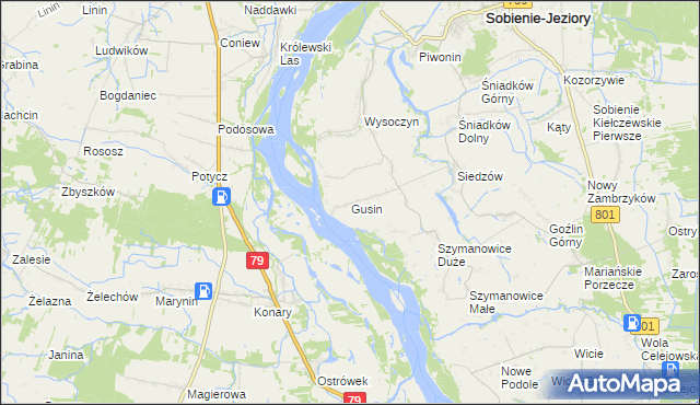 mapa Gusin gmina Sobienie-Jeziory, Gusin gmina Sobienie-Jeziory na mapie Targeo