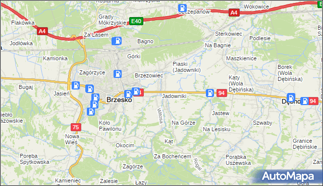 mapa Jadowniki gmina Brzesko, Jadowniki gmina Brzesko na mapie Targeo