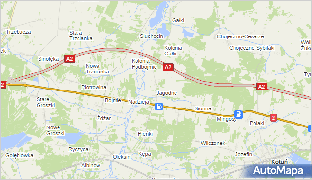 mapa Jagodne gmina Kotuń, Jagodne gmina Kotuń na mapie Targeo