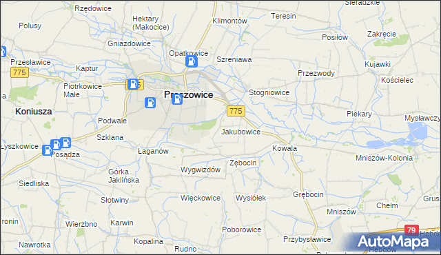 mapa Jakubowice gmina Proszowice, Jakubowice gmina Proszowice na mapie Targeo