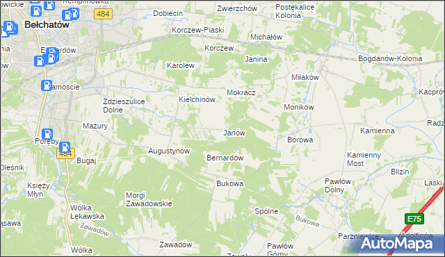 mapa Janów gmina Bełchatów, Janów gmina Bełchatów na mapie Targeo