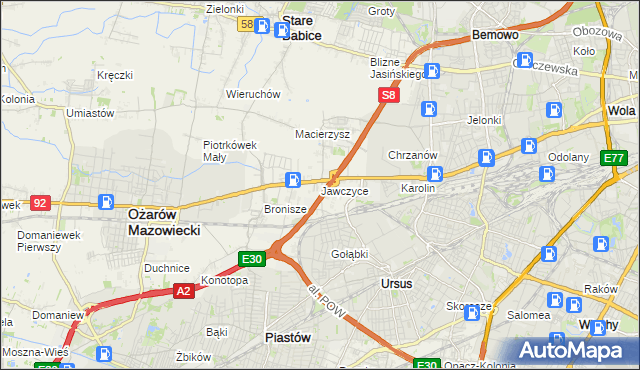 mapa Jawczyce gmina Ożarów Mazowiecki, Jawczyce gmina Ożarów Mazowiecki na mapie Targeo