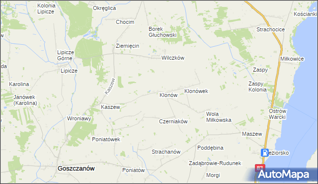 mapa Klonów gmina Goszczanów, Klonów gmina Goszczanów na mapie Targeo