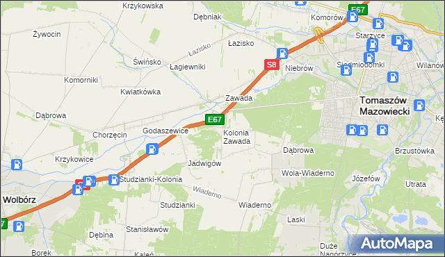 mapa Kolonia Zawada gmina Tomaszów Mazowiecki, Kolonia Zawada gmina Tomaszów Mazowiecki na mapie Targeo