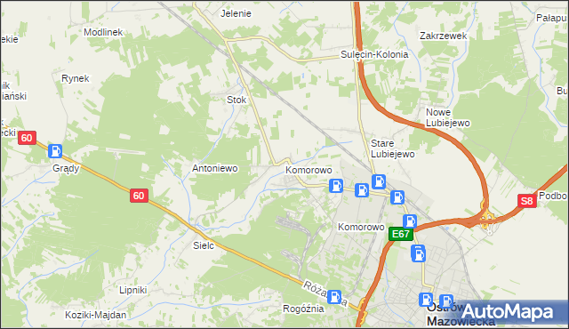 mapa Komorowo gmina Ostrów Mazowiecka, Komorowo gmina Ostrów Mazowiecka na mapie Targeo