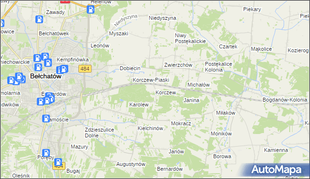 mapa Korczew gmina Bełchatów, Korczew gmina Bełchatów na mapie Targeo