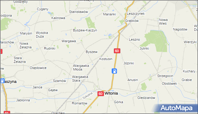 mapa Kostusin gmina Witonia, Kostusin gmina Witonia na mapie Targeo