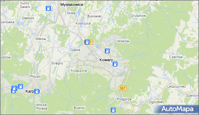 mapa Kowary powiat jeleniogórski, Kowary powiat jeleniogórski na mapie Targeo