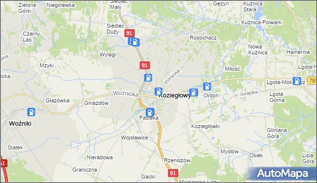 mapa Koziegłowy powiat myszkowski, Koziegłowy powiat myszkowski na mapie Targeo