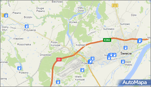 mapa Kozłowo gmina Świecie, Kozłowo gmina Świecie na mapie Targeo