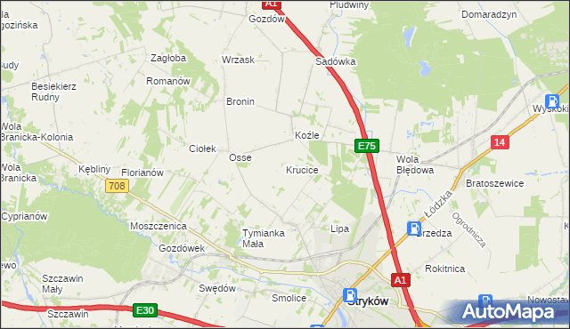 mapa Krucice gmina Stryków, Krucice gmina Stryków na mapie Targeo