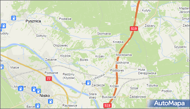 mapa Krzaki gmina Pysznica, Krzaki gmina Pysznica na mapie Targeo
