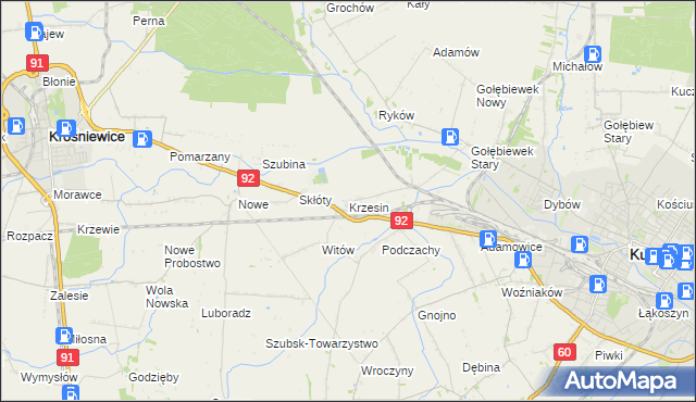 mapa Krzesin gmina Kutno, Krzesin gmina Kutno na mapie Targeo