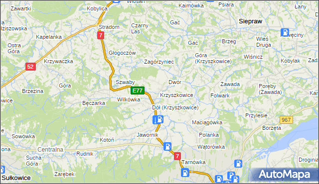 mapa Krzyszkowice gmina Myślenice, Krzyszkowice gmina Myślenice na mapie Targeo