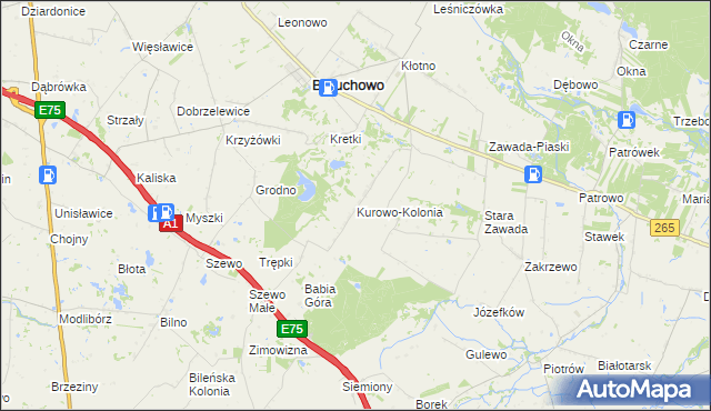 mapa Kurowo-Kolonia gmina Baruchowo, Kurowo-Kolonia gmina Baruchowo na mapie Targeo