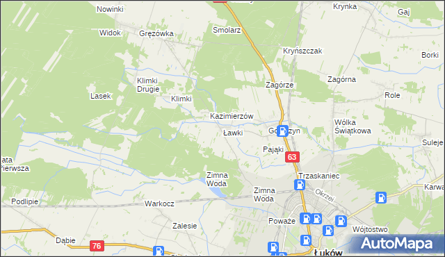 mapa Ławki gmina Łuków, Ławki gmina Łuków na mapie Targeo