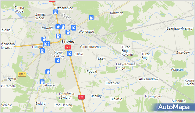 mapa Łazy gmina Łuków, Łazy gmina Łuków na mapie Targeo