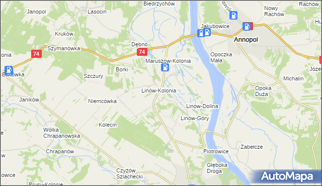 mapa Linów gmina Zawichost, Linów gmina Zawichost na mapie Targeo