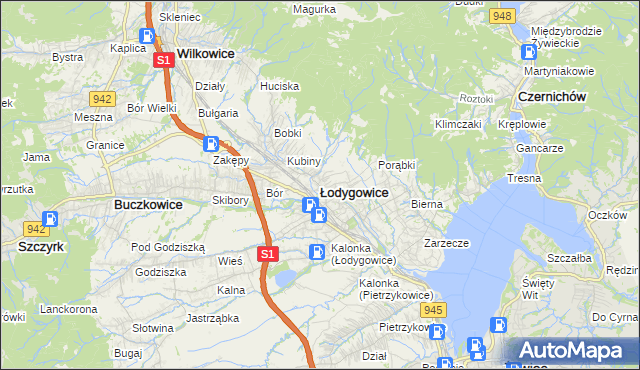 mapa Łodygowice powiat żywiecki, Łodygowice powiat żywiecki na mapie Targeo